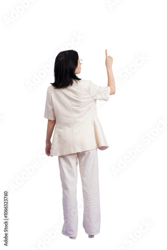 Young Asian businesswoman wearing white jacket on purple background