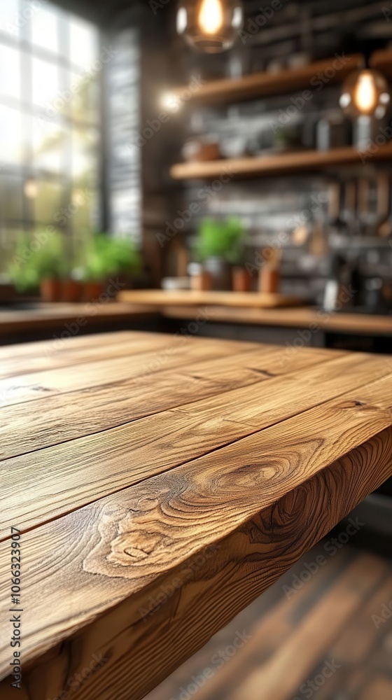 beautiful wooden table surface with a blurred modern kitchen interior in the background featuring bright bokeh lights the scene invites product display or culinary creativity beautiful wooden table surface with a blurred modern kitchen interior in the background featuring bright bokeh lights the scene invites product display or culinary creativity