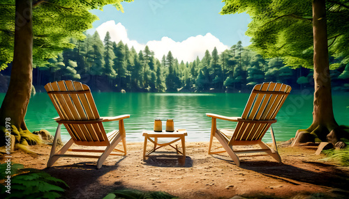 Two sun loungers and a camping table with beer on the shore of a forest lake in the shade of trees