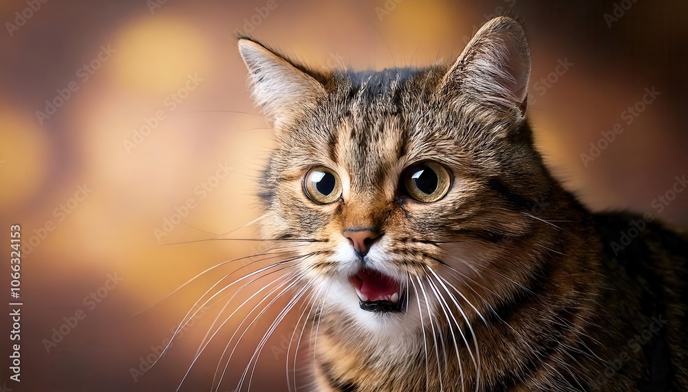 Surprised Tabby Cat: Close-up portrait of a tabby cat with wide eyes and an open mouth, looking surprised or startled against a warm, blurred background. Surprised Tabby Cat: Close-up portrait of a tabby cat with wide eyes and an open mouth, looking surprised or startled against a warm, blurred background.