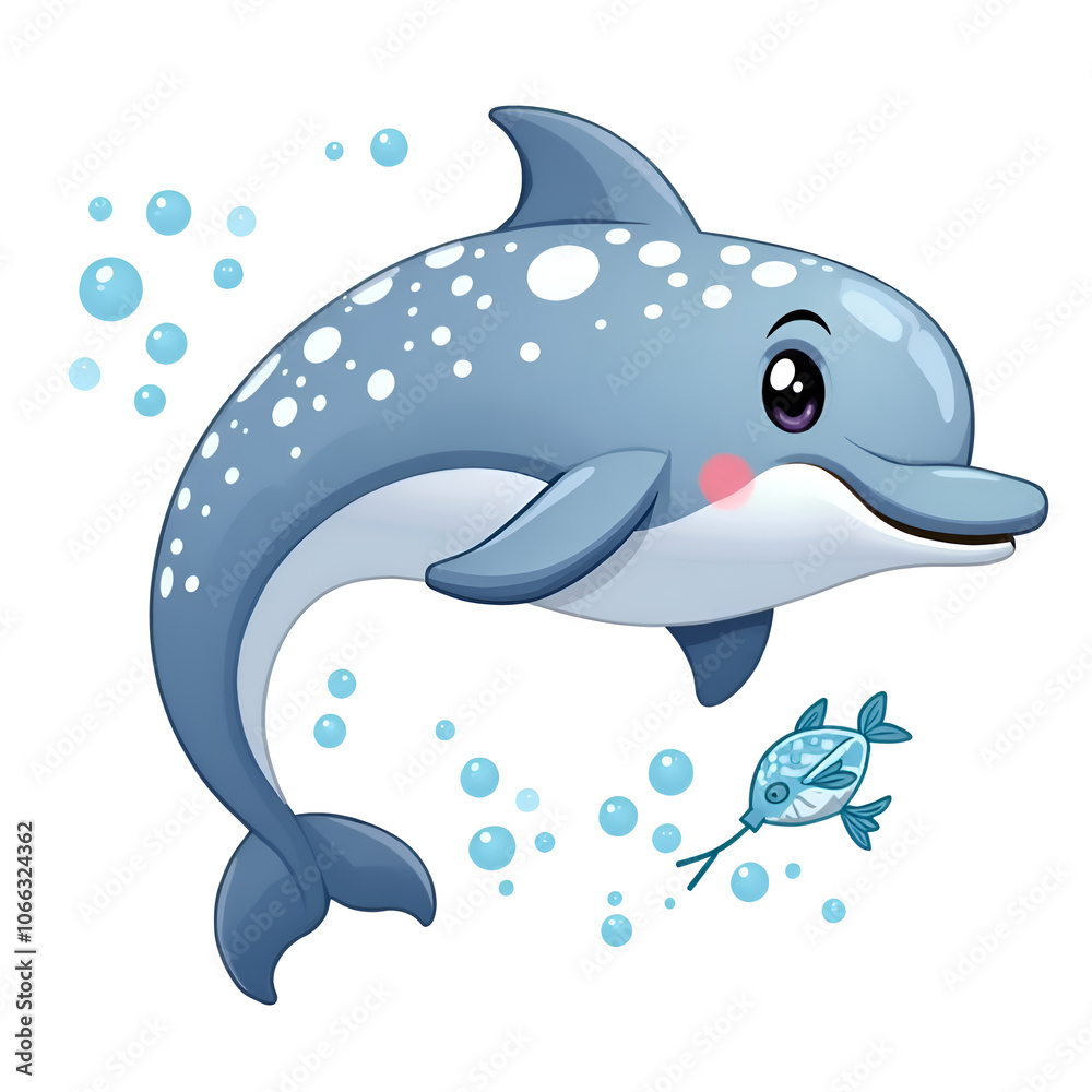 Obraz premium Dive into a world of joy with our playful dolphin and its aquatic friends , digital illustration of character design concept.