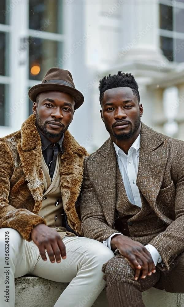 A passionate African American homosexual couple sitting on their front steps at home in formal attire and holding hands A passionate African American homosexual couple sitting on their front steps at home in formal attire and holding hands