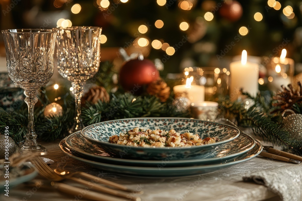Naklejka premium Cozy Christmas dining table with empty plates, glasses, candles, and festive decorations, warm atmosphere with tree lights in background.