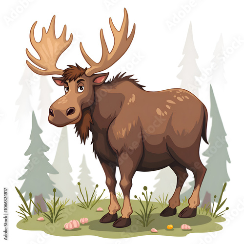 Discover the wild charm of a moose enveloped in nature s embrace, digital illustration of animal character design concept. photo