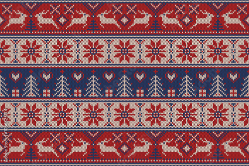 Knitting christmas tree seamless pattern geometric, snowman, ornament. Fabric Seamless pattern.Vector illustration. Ikat ethnic oriental embroidery,Aztec style,baroque.design for texture,clothing