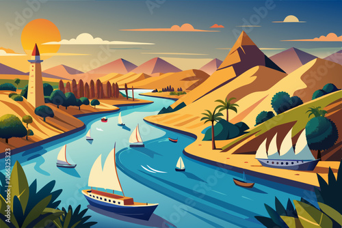 Tropical Paradise with Sunset & Pyramids illustration with a tropical island