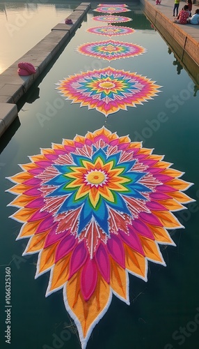 Vibrant Rangoli Designs Created to Decorate the Sacred Ghat for Celebrating the Traditional Chhath Puja Festival. photo