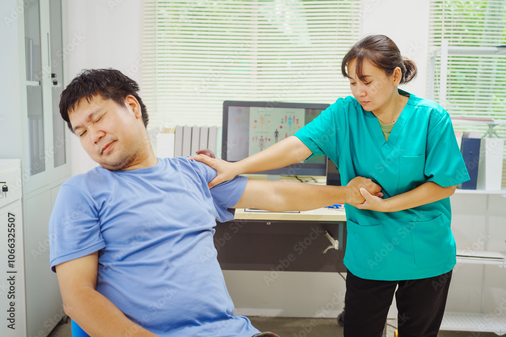 A female doctor performs physical therapy on a male patient in the hospital, using techniques like pulling, massaging, and compressing to rehabilitate injuries, relieve pain,restore daily functional A female doctor performs physical therapy on a male patient in the hospital, using techniques like pulling, massaging, and compressing to rehabilitate injuries, relieve pain,restore daily functional