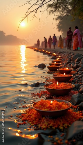 Riverbank Scene of Chhath Puja Celebrations Capturing Sacred Devotion and Colorful Offerings to Honor the Sun. photo