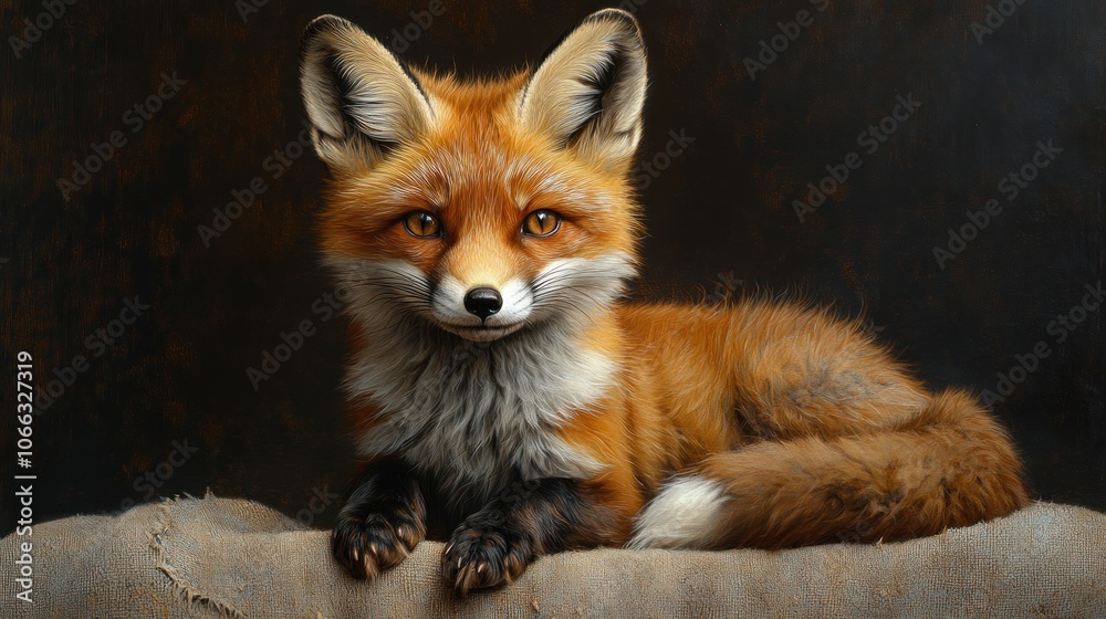 Fototapeta premium A red fox with white chest and tail lies on a burlap sack against a dark background, looking directly at the camera.