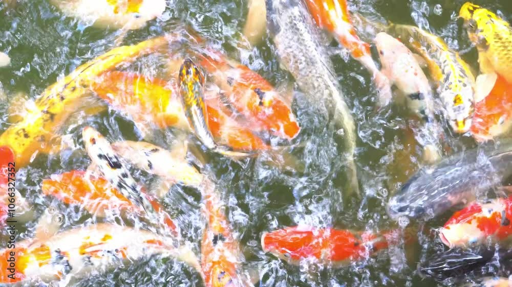 Above view of Koi fish swim on the surface of the water in large numbers. Koi fish are often used in Japanese gardens as symbols of good luck and prosperity. Above view of Koi fish swim on the surface of the water in large numbers. Koi fish are often used in Japanese gardens as symbols of good luck and prosperity.