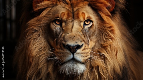 Close-up portrait of a majestic lion with intense golden eyes and a thick mane looking directly at the camera.