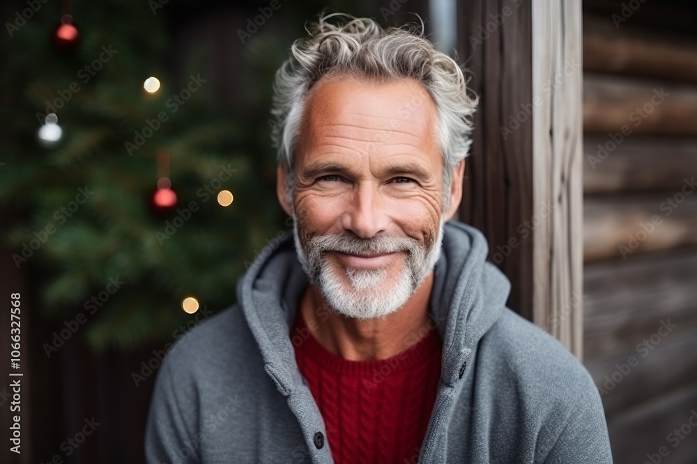Portrait of smiling senior man standing in front of christmas tree Portrait of smiling senior man standing in front of christmas tree