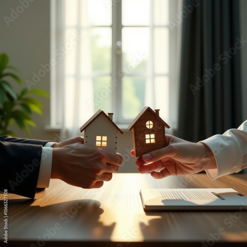 A lawyer shares a house or property between owners divorce concept the division process of real estate and property between former spouses relatives execution of the posthumous will real estate  photo