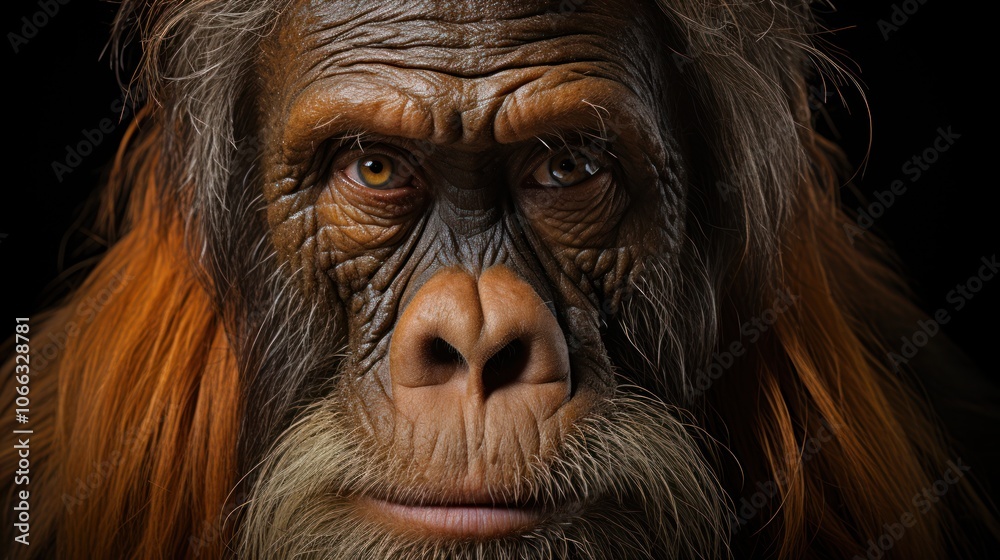Close-up portrait of an orangutan with intense eyes looking directly at the camera. Close-up portrait of an orangutan with intense eyes looking directly at the camera.