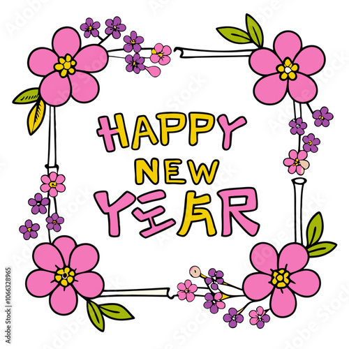 Happy New Year Floral Frame:  Celebrate the new year with this cheerful and vibrant floral frame, featuring pink flowers and green leaves. Perfect for greeting cards, social media posts.