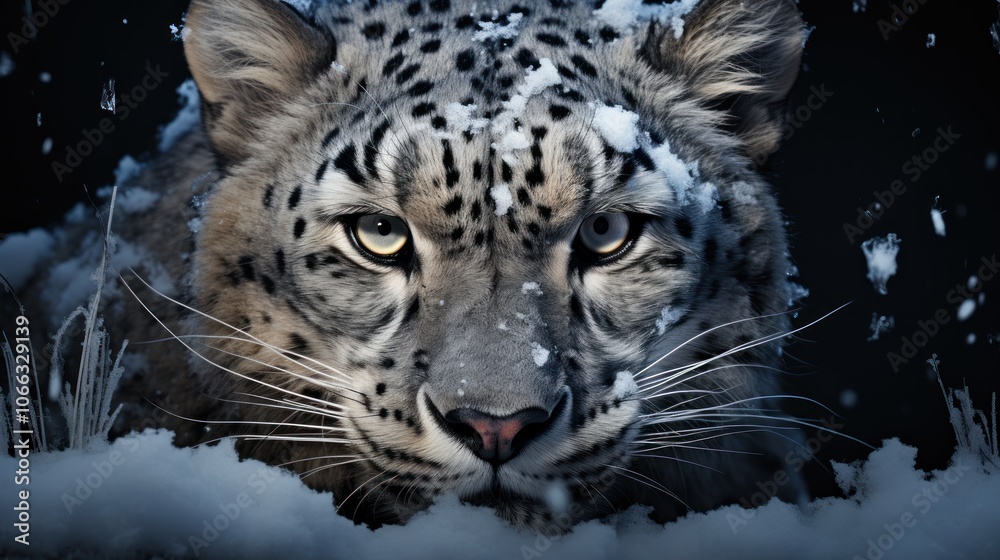 A snow leopard stares intensely at the camera, with snow falling around it. A snow leopard stares intensely at the camera, with snow falling around it.