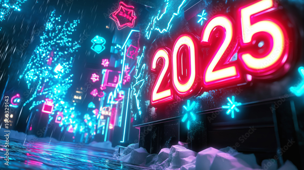 Glowing neon 2025 numbers against dark background with blue and pink geometric shapes, snowfall effect and reflective surface creating festive futuristic atmosphere.