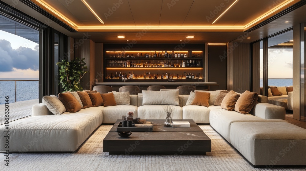 Modern, spacious living room with large windows overlooking the ocean, a large sectional sofa, a coffee table, a bar, and a plant. Modern, spacious living room with large windows overlooking the ocean, a large sectional sofa, a coffee table, a bar, and a plant.