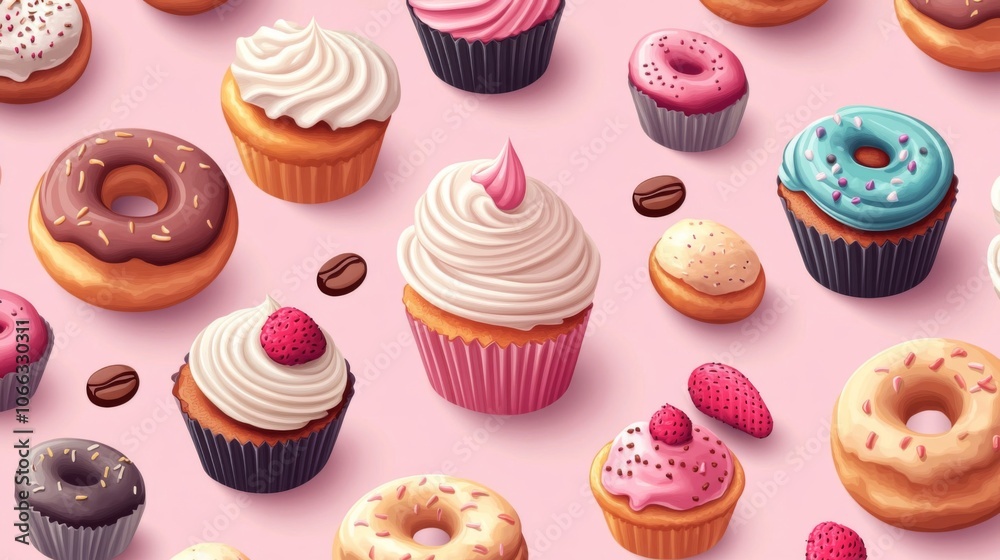 A Colorful Pattern of Donuts and Cupcakes on a Pink Background A Colorful Pattern of Donuts and Cupcakes on a Pink Background