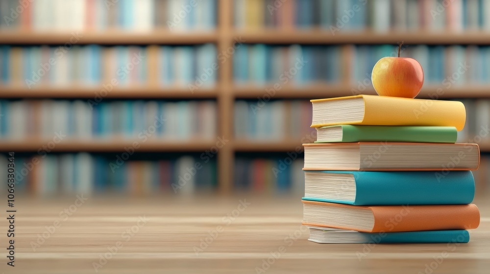 Stack of colorful books with a red apple, back to school image for education, learning, and reading Stack of colorful books with a red apple, back to school image for education, learning, and reading