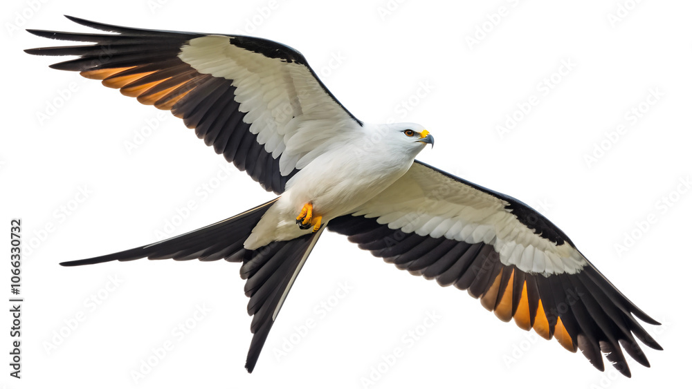 Obraz premium Front view, Swallowtail Kite is spreading its wings and flying isolated on a transparent background