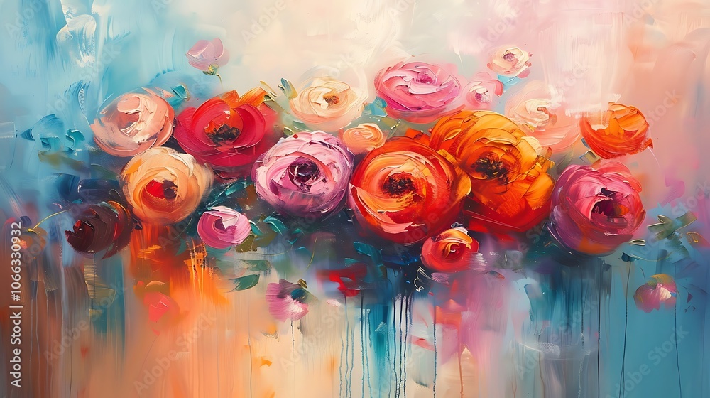 An abstract floral painting featuring a blend of warm reds, oranges, and cool blues, with loosely painted flowers to evoke emotion and depth. 8k UHD, suitable for high-quality printing or digital An abstract floral painting featuring a blend of warm reds, oranges, and cool blues, with loosely painted flowers to evoke emotion and depth. 8k UHD, suitable for high-quality printing or digital