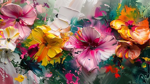 Wallpaper Mural A bold, abstract painting of flowers with thick, textured paint strokes and splashes of yellow, pink, and green, evoking a sense of vitality and freedom. 8k UHD, suitable for high-quality printing  Torontodigital.ca