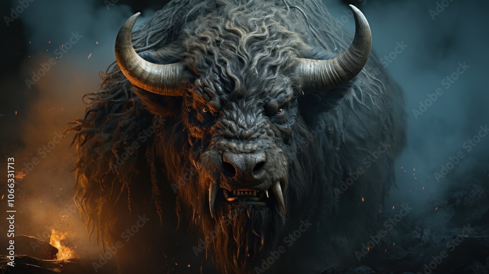Naklejka premium A fierce, mythological beast with large horns and a menacing expression stands in front of a fire, with smoke swirling around it.