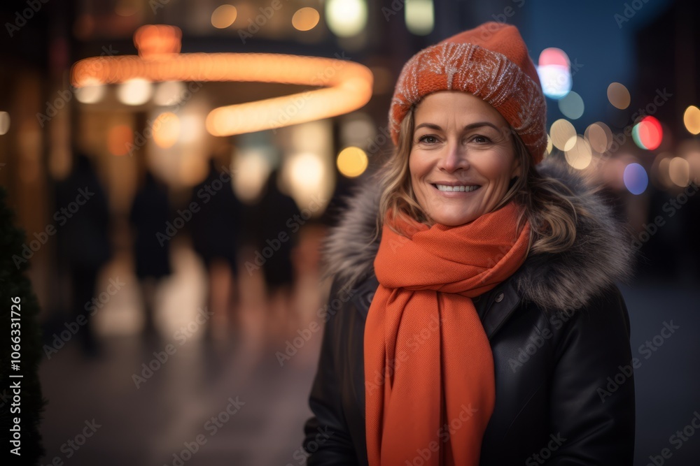 Portrait of a beautiful woman in winter clothes in the city at night Portrait of a beautiful woman in winter clothes in the city at night