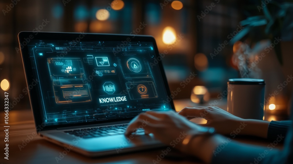 Person's hands typing on a laptop with a futuristic interface displaying the word Person's hands typing on a laptop with a futuristic interface displaying the word