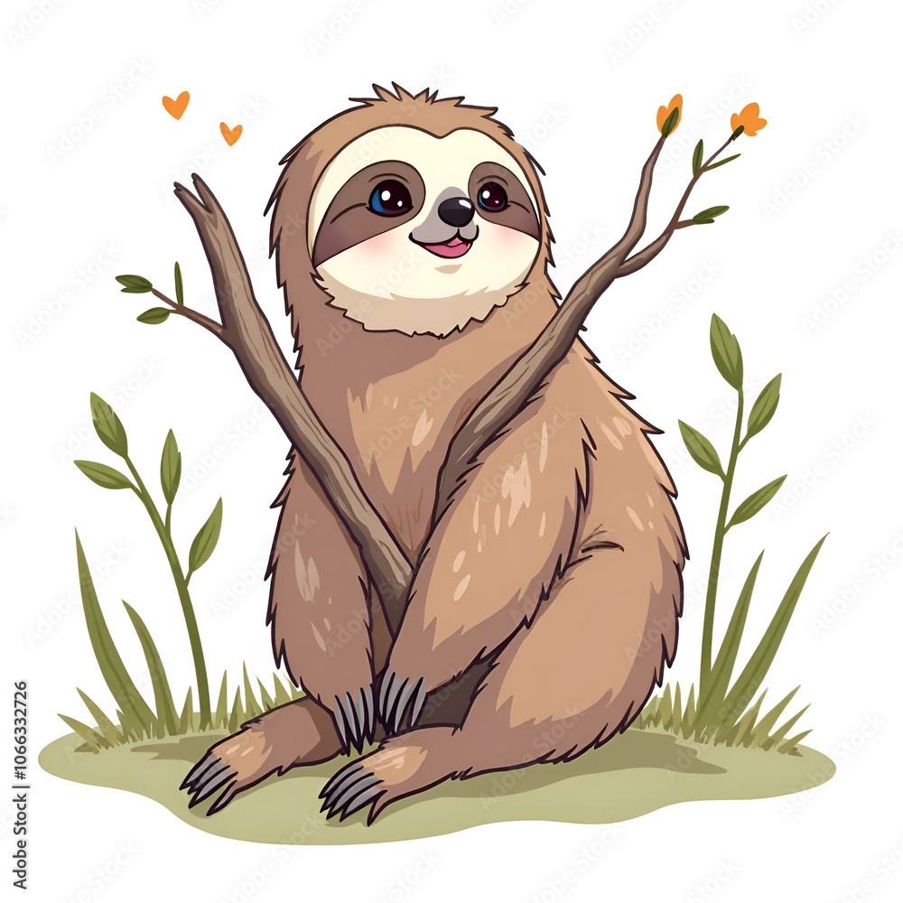 Obraz premium Embrace nature s beauty with a cheerful sloth smiling amongst the blossoms, illustration of character design concept.