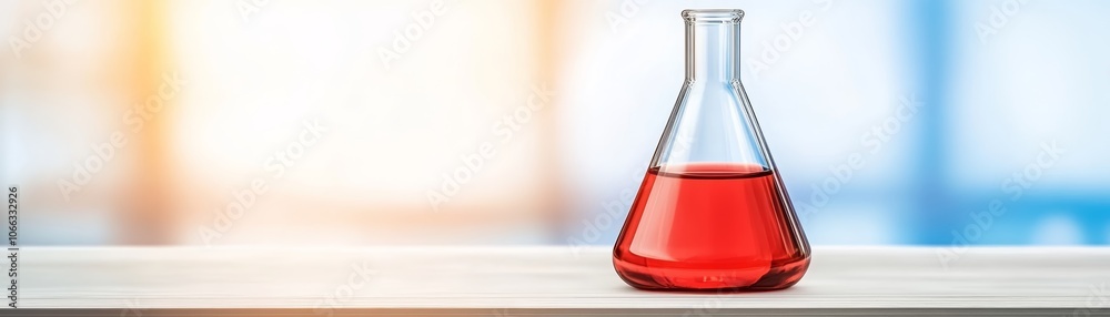 Closeup view of red liquid in glass beaker, laboratory research and chemical analysis in science