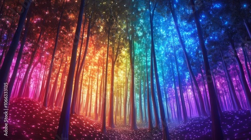 Enchanting Rainbow Forest with Glowing Lights