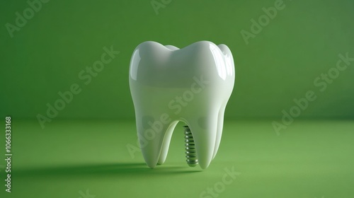 A 3D illustration of a molar tooth with a visible dental implant, set against a green background, representing modern dental restoration techniques.