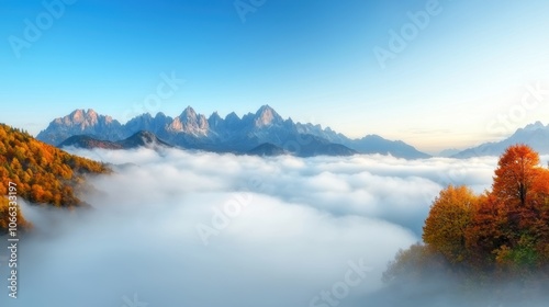 A panoramic view of a valley blanketed in a sea of fog, with the peaks of mountains piercing through the clouds, creating a sense of mystery, serenity, and the beauty of the natural world.