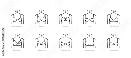 Lingerie line icons. Underwear female breasts - bra, push-up, bralette, balconette, triangle, nursing, strapless, bandeau. Female body front view. Editable stroke, linear illustration. Minimal style