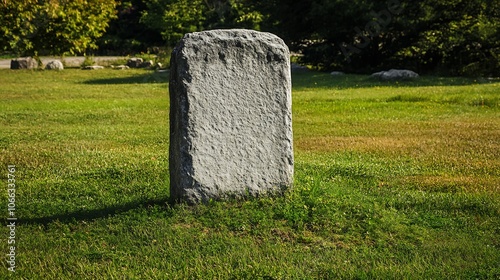 A Single Grey Stone Standing in a Lush Green Field