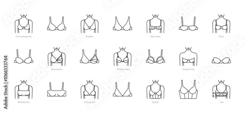 Lingerie line icons. Underwear female breasts - bra, bralette, balconette, triangle bra, nursing, strapless, bandeau. Female body front view. Editable stroke, linear illustration. Minimalist style