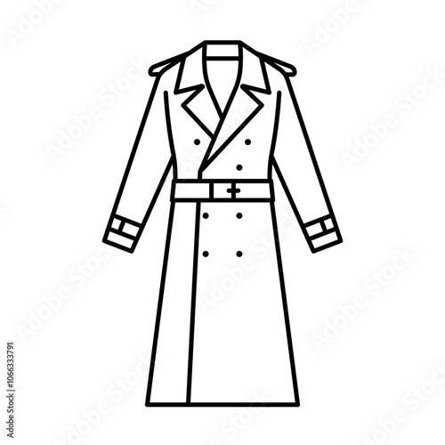 Trench coat, line icon. Windbreaker coat in trendy style. Autumn or spring season apparel, fashion wearing. Linear illustration, editable stroke. Symbol for a clothing store, catalog, web