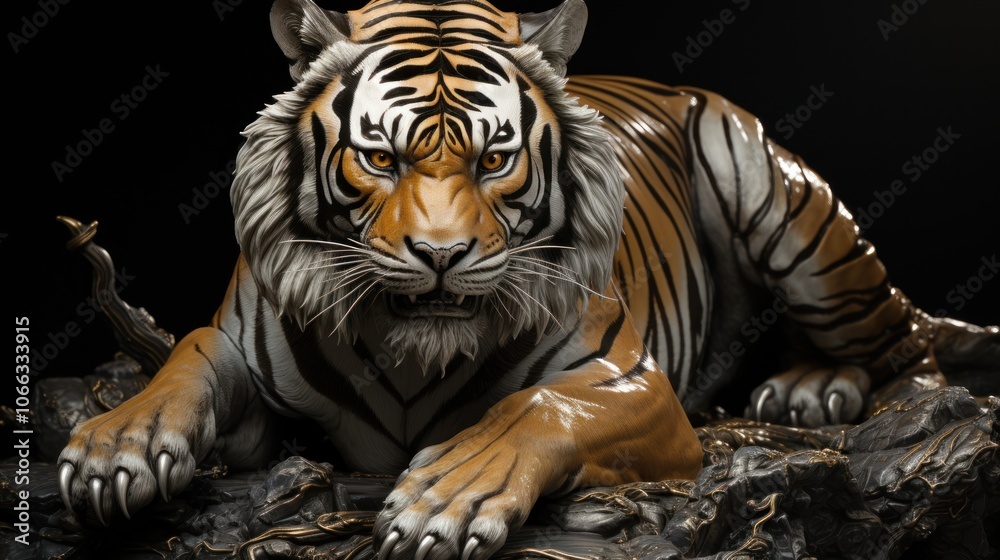 A close-up of a tiger statue with a menacing expression, looking directly at the viewer. The tiger is lying on a rocky surface. A close-up of a tiger statue with a menacing expression, looking directly at the viewer. The tiger is lying on a rocky surface.