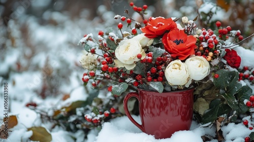 Red mug with white and red flowers in snowy winter forest.