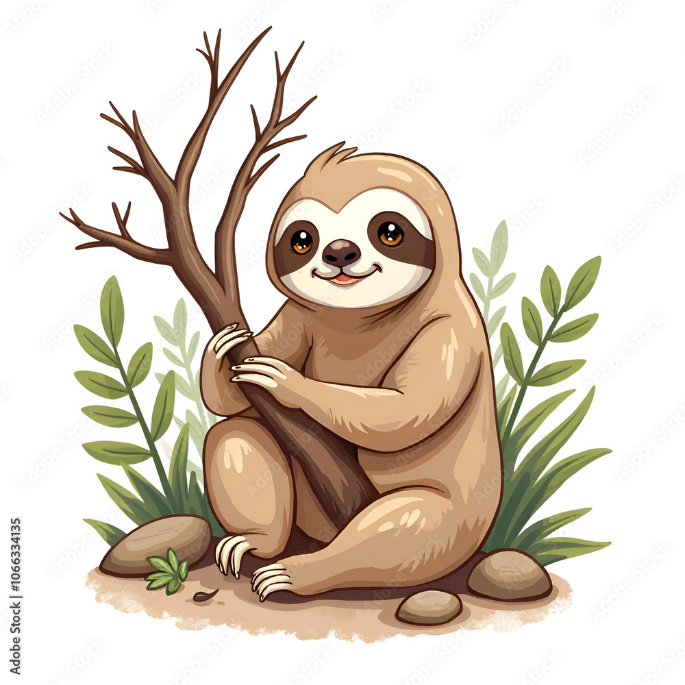 Obraz premium A sloth showcases the beauty of relaxation while surrounded by nature s tranquility, digital illustration of animal portrait concept.