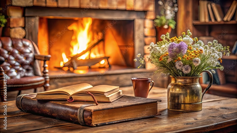 A Rustic Still Life with a Blurry Fireplace, a Leather Armchair, a Book, a Flower Arrangement, and a Cup on a Wooden Table A Rustic Still Life with a Blurry Fireplace, a Leather Armchair, a Book, a Flower Arrangement, and a Cup on a Wooden Table