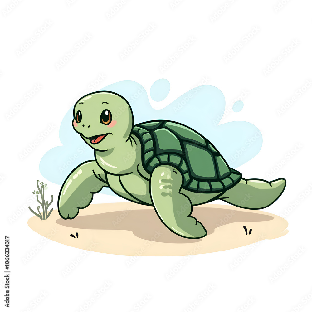 Obraz premium A curious turtle explores its sandy surroundings with joyful enthusiasm and vibrant energy, digital illustration of character design concept.