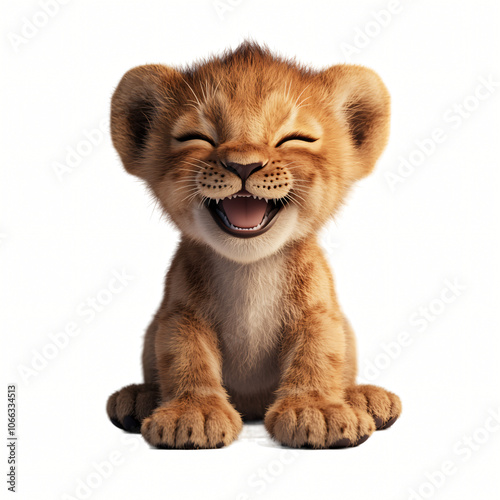 Adorable little lion cub and lion sitting together on a white background, looking cute and playful