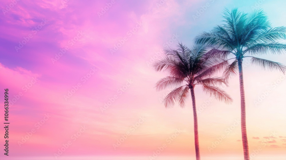 Obraz premium Silhouettes of palm trees against a vibrant purple and pink sunset sky, creating a tropical and serene atmosphere.