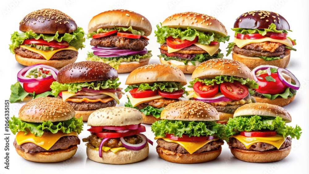 Assorted Single and Double Burgers on Transparent Background - Perfect for Mockup Templates and Artwork Designs Assorted Single and Double Burgers on Transparent Background - Perfect for Mockup Templates and Artwork Designs