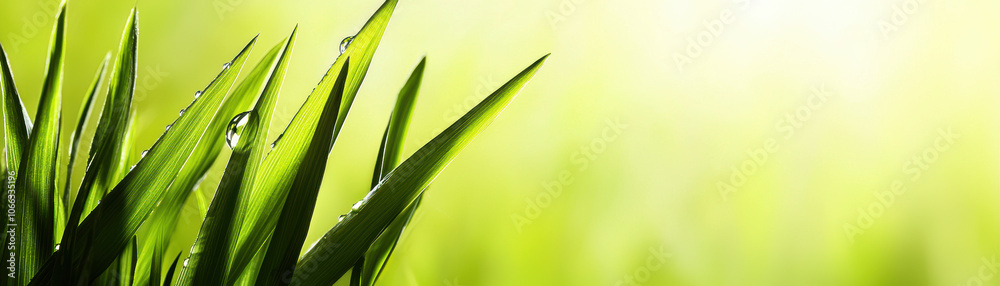 A close-up view of vibrant green grass blades with dewdrops, set against a softly glowing, blurred background. A close-up view of vibrant green grass blades with dewdrops, set against a softly glowing, blurred background.