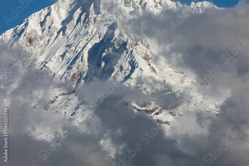 Oregon's icon and the tallest peak of Mount Hood, captured from Lolo Pass near Zigzag, OR, during fall season at golden hour. High quality picture for download. photo